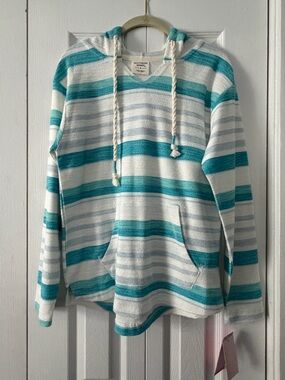 Striped Teal & White Hooded Pullover Sweater
